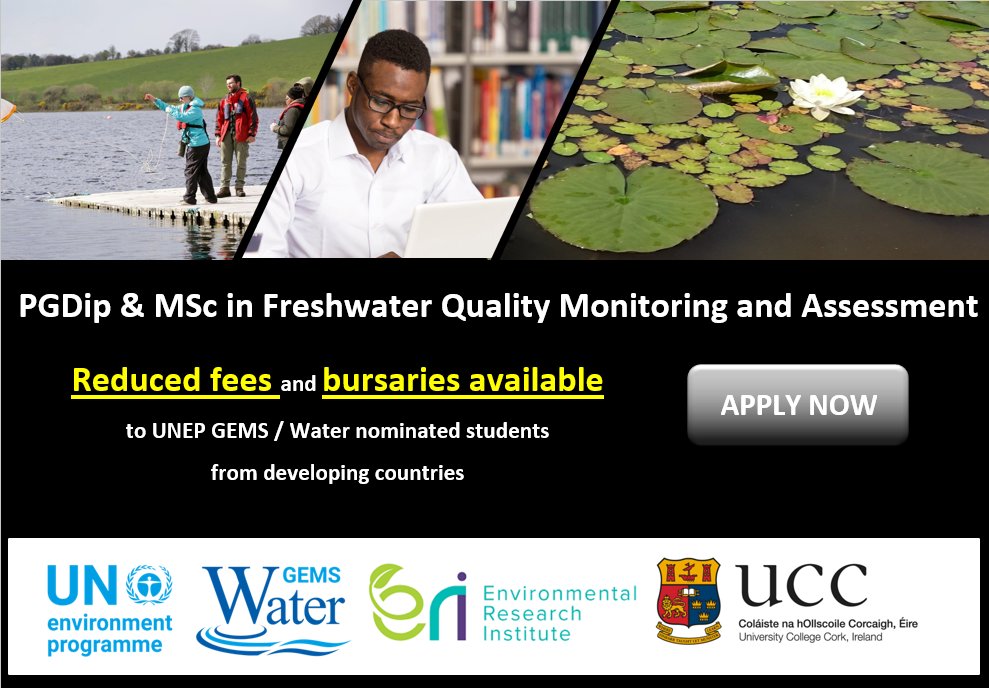Online programmes by @GEMSWaterCDC. PGDip/MSc in Freshwater quality monitoring and assessment. Deadline for applications: 30th June 2021. Reduced fees and bursaries available. Full details here: ucc.ie/en/gemscdc/onl…