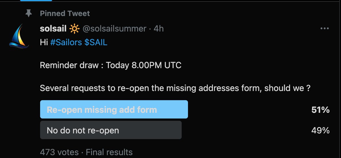 Hi #Sailors $SAIL

51% Yes.

We re-open it for 2 hours only.

‼️Duplicates will be removed

‼️Do not fill it if :
Your address is already in the list
Your do not filled all requirements 

docs.google.com/forms/d/e/1FAI…