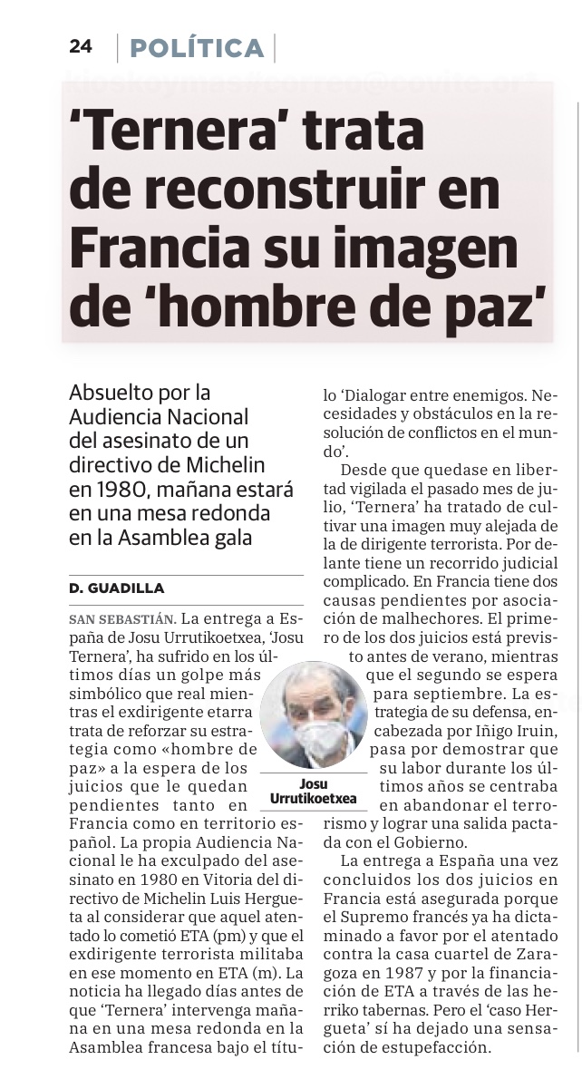 CovitePV's tweet photo. Josu Ternera NO es un hombre de paz, es un sanguinario terrorista de #ETA que no ha mostrado nunca arrepentimiento por sus crímenes.

Nuestra máxima indignación por que hoy vaya a estar en la @AssembleeNat de Francia dando lecciones sobre "resolución de conflictos". HILO⬇ https://t.co/uENDBC2XLt