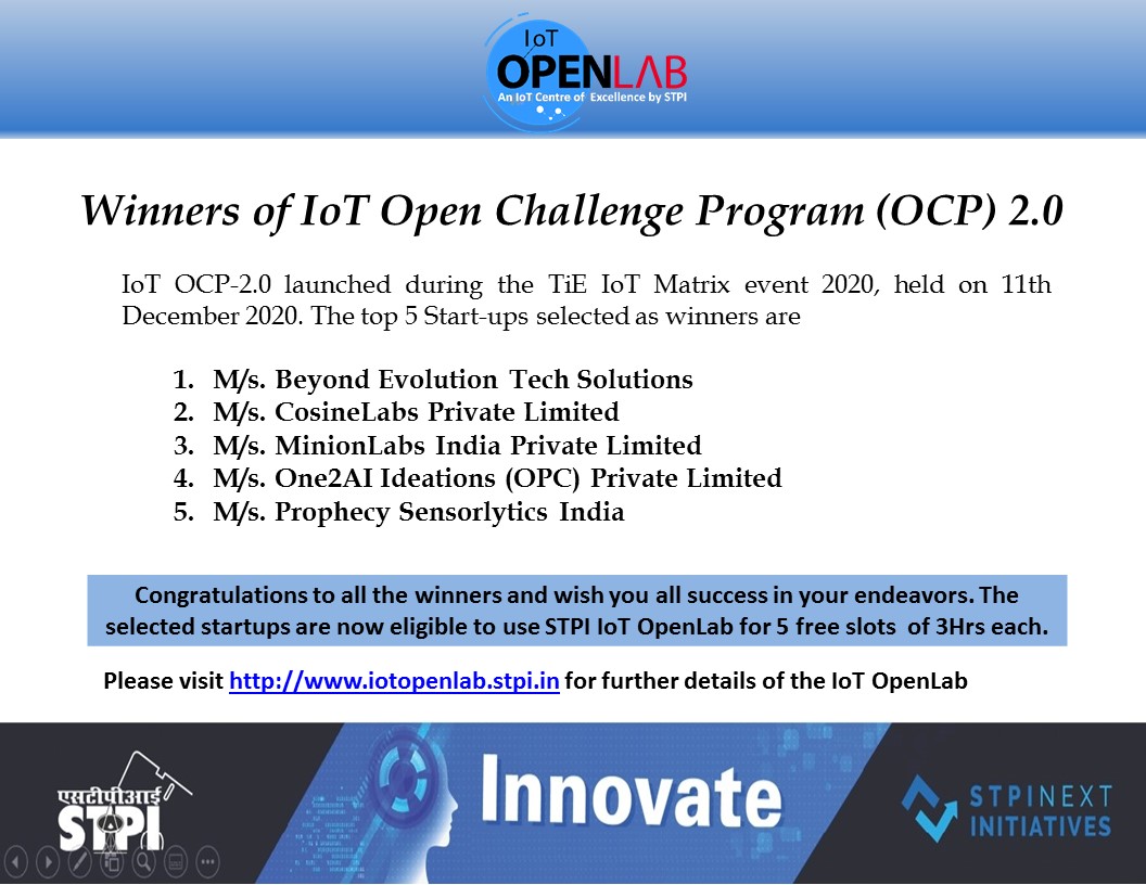STPIBengaluru's tweet image. #STPIINDIA is pleased to announce and congratulate the winners of #IOT Open Challenge Program (OCP) 2.0 for #STPIIoTOpenLab Bengaluru. @rsprasad @SanjayDhotreMP @SecretaryMEITY @Omkar_Raii #STPICoE