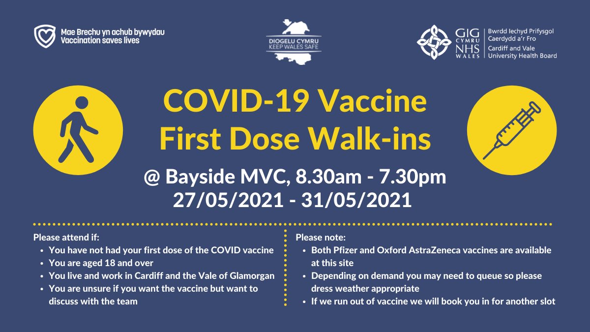 💉 Aged 18 or over and not received the first dose of the COVID-19 vaccine yet? 💉  Bayside MVC will be operating as a walk-in centre on 27th - 31st May from 8.30am - 7.30pm.

More details 👉 bit.ly/3hPLVov

We look forward to seeing you and keeping our population safe!