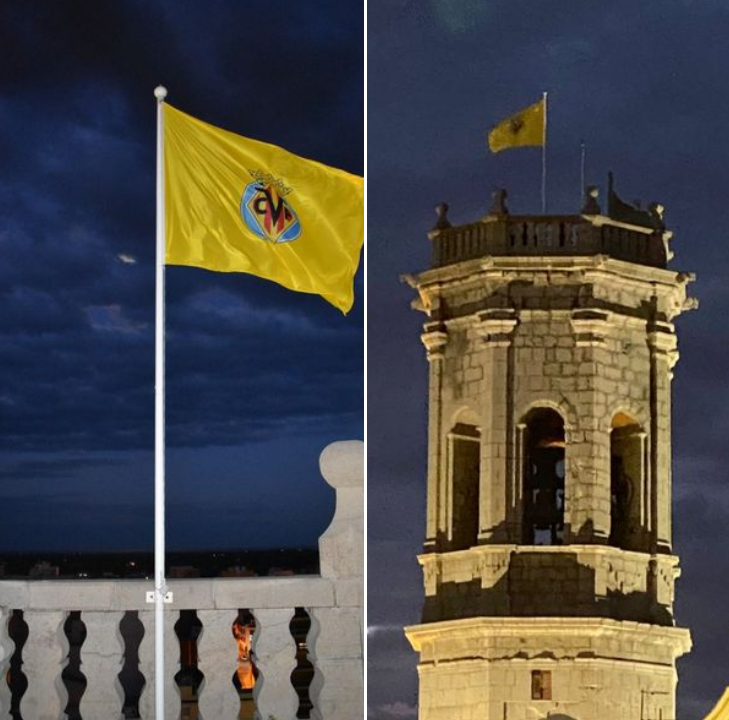 FotosVila's tweet photo. La final de la Europa League puja al cim del campanar de la vila. #FotosVila_real https://t.co/xRaDpDbSAR
