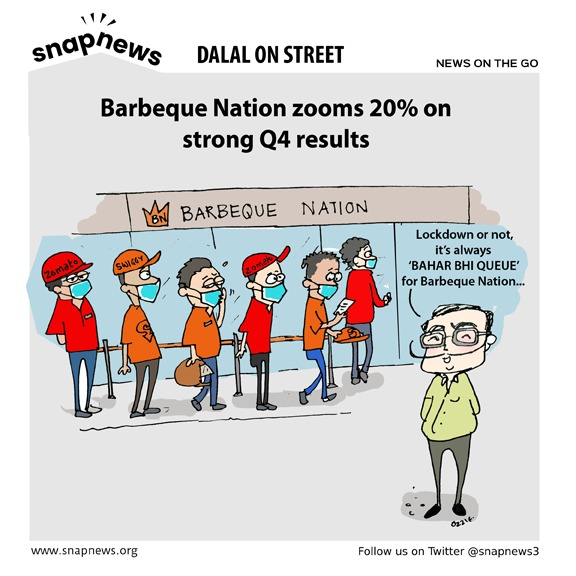 snapnews3's tweet photo. Barbeque Nation stock zooms after strong Q4 results. 
Our #Dalalonstreet says "Lockdown or not, its Bahar Bhi Queue for Barbeque Nation" #BarbequeNation @BarbequeNation https://t.co/AY6AnMumC6