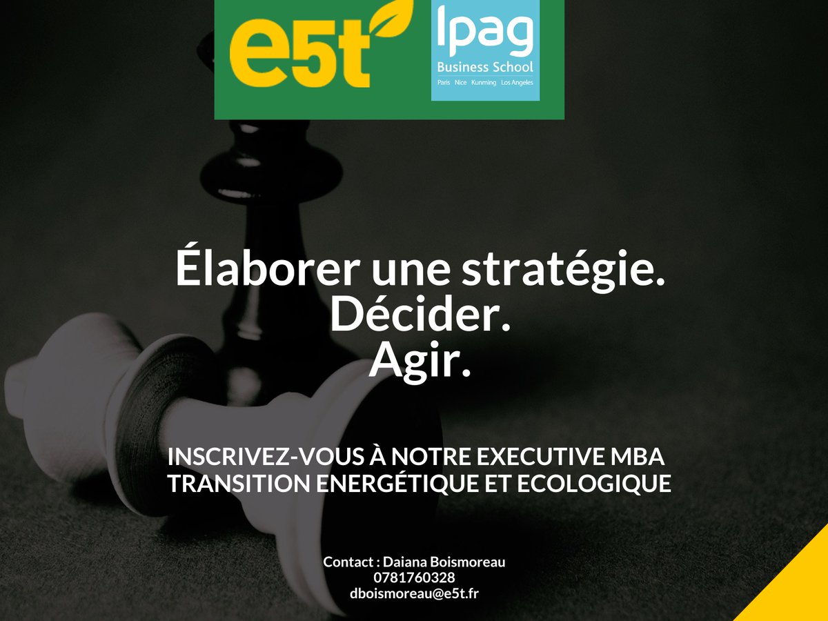 MyMaestroni's tweet photo. 🍀Tout professionnel souhaitant donner un nouvel élan à sa carrière, tout en obtenant une légitimité académique sur la thématique de la transition #énergétique et #écologique, peut se porter candidat à notre EMBA (en partenariat avec l'@IPAGBS). 
➡️Contact : dboismoreau@e5t.fr https://t.co/4DrL6IsQ2s