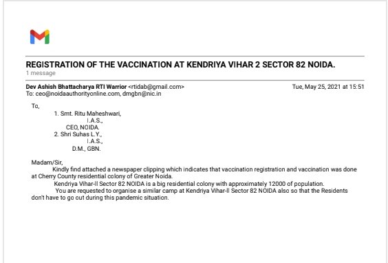 rtidab's tweet photo. @noida_authority @CeoNoida @rituias2003 @dmgbnagar @suhasly Kindly find attached the copy of the email dtd 25.05.2021 and a news clipping. You are requested to kindly arrange a similar vaccination camp at Kendriya Vihar-ll Sector 82 NOIDA also which have population of 12000. https://t.co/hILkdme0Yq