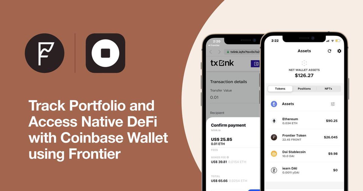🚀 Track Portfolio and Access Native DeFi with Coinbase Wallet using Frontier

Frontier introduces wallet composability which enables users to connect mobile wallets without having to import private keys. 

Guide: bit.ly/Frontier-Coinb…