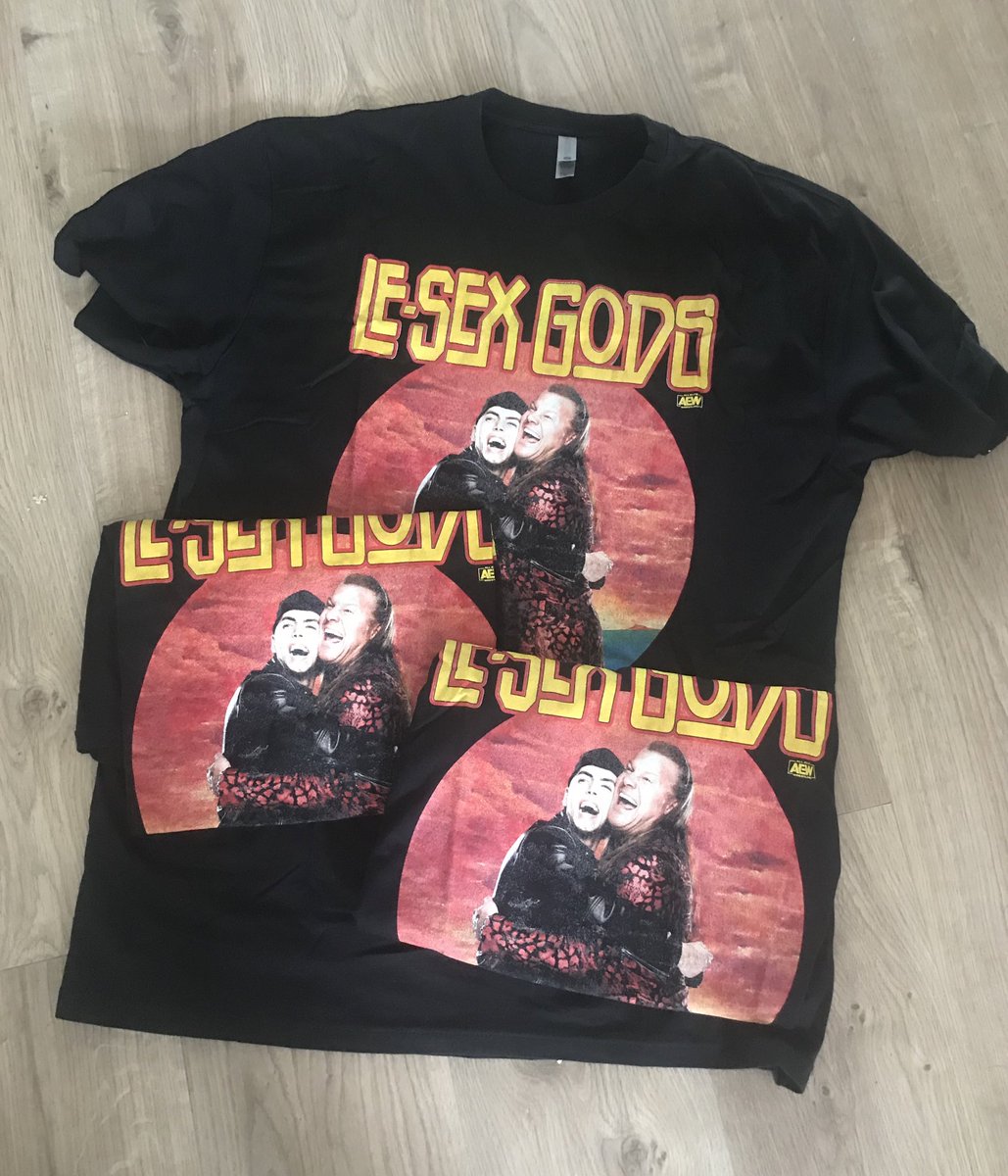 DuaneDoogan's tweet photo. Designed this official @AEW shirt last year for @IAmJericho &amp; @sammyguevara. Several Covid &amp; Customs delays later I got my hands on a few, you can still get yours at @ShopAEW! #LeSexGods @WrestlingDesign https://t.co/IKJl7FYW4z