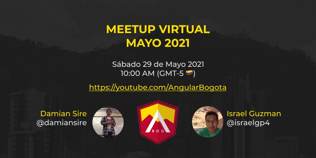 🔥 #MeetupVirtual #AngularBogotá 
📆 Sábado 29 de Mayo, 2021
👩‍🏫 <a href="/TensorFlow/">TensorFlow</a> + <a href="/Cypress_io/">Cypress.io</a> + <a href="/angular/">Angular</a> 
🗣 <a href="/damiansire/">Damian Sire</a> 🇺🇾 y <a href="/israelgp4/">Israel Guzman</a> 🇲🇽
📍 youtube.com/AngularBogota