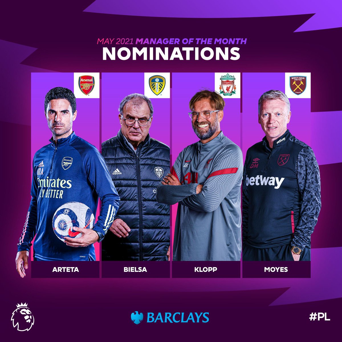 Premier League (@premierleague) on Twitter photo Who gets your vote for <a href="/BarclaysFooty/">Barclays Football</a> Manager of the Monthβ
π Arteta
π Bielsa
π Klopp
π Moyes
π³ preml.ge/motmmay21 | #PLAwards Who gets your vote for <a href="/BarclaysFooty/">Barclays Football</a> Manager of the Monthβ
π Arteta
π Bielsa
π Klopp
π Moyes
π³ preml.ge/motmmay21 | #PLAwards