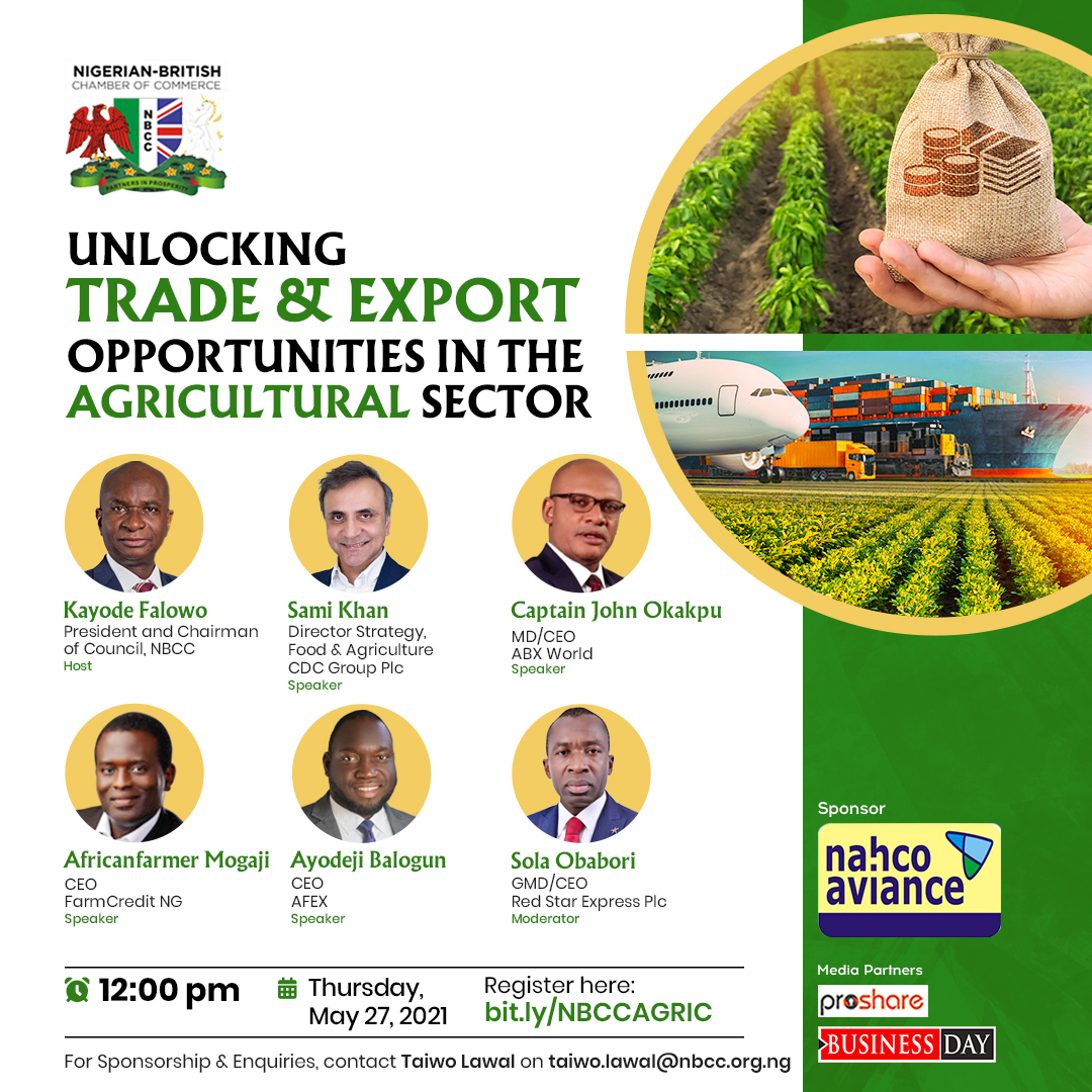 Join us on May 27, 2021, to discuss Trade and Investment opportunities specifically for the Agricultural Sector. Conversations would center around the Nigerian Agricultural landscape and highlight investment opportunities. To register, please click bit.ly/NBCCAGRIC