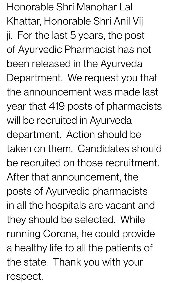 GehlotAk's tweet photo. @mlkhattar Please fill the vacant post of Ayurvedic Pharmacist. Request from Diploma in ayurvedic Pharmacy Holder. 
#ayurvedicpharmacist #AyurvedicCovidCure #Ayurved #Ayurvedic https://t.co/6Yf2WelmmT