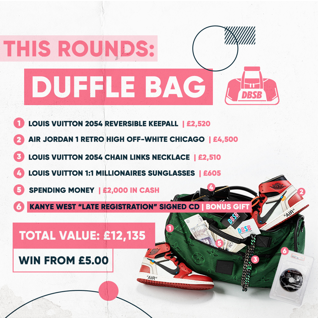 DBSBCompetition's tweet photo. WIN OUR DUFFLE BAG + £2K CASH + KANYE WEST "LATE REGISTRATION" SIGNED ENCAPSULATED CD!

This rounds Duffle Bag includes :
▪️ Louis Vuitton 2054 Reversible Keepall Bandoulière 50 A
▪️ Air Jordan 1 Retro High Off-White Chicago 
▪️ Louis Vuitton 2054 Chain Links Necklace https://t.co/vpvum3YnKC