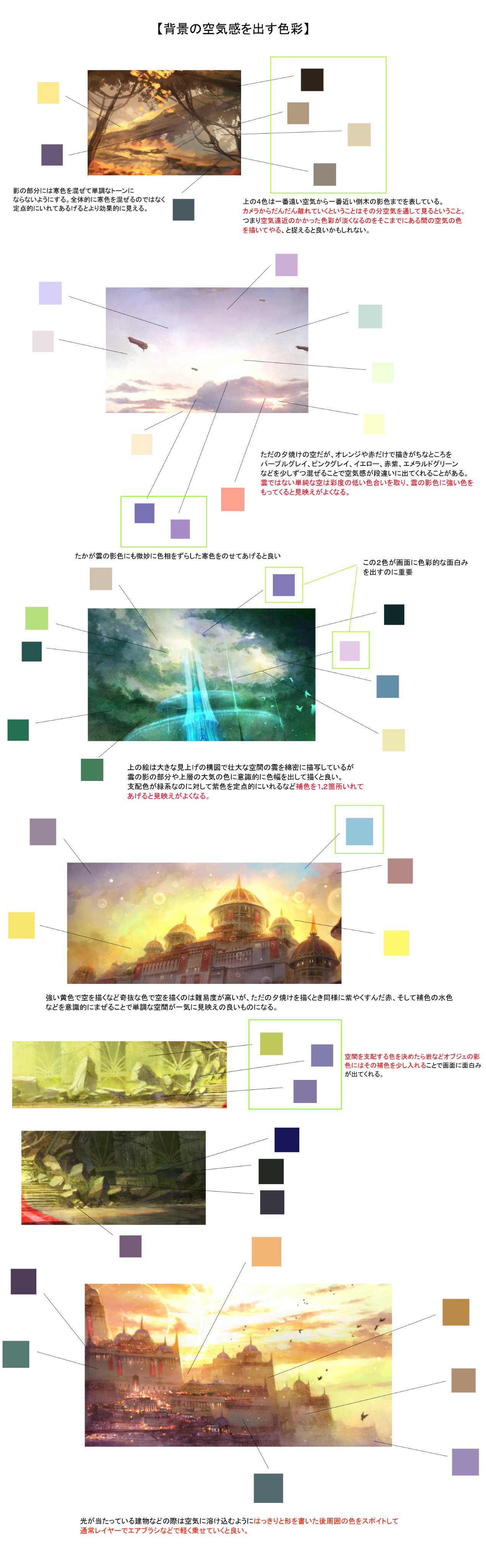 R E C 背景の塗り方ノウハウ 難しい空気感をうまく出すコツをまとめました 大事な部分には文字の注釈を入れてあります 特に大事な部分は赤字 それぞれの色をベタで表示しているのでカラーパレットのように使って頂くこともできます T Co