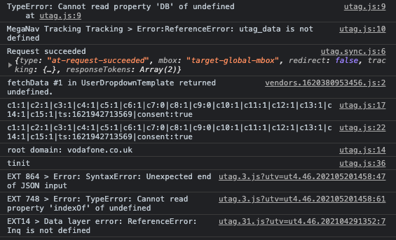 liam_bowers's tweet photo. @VodafoneUK No, I didn't but it does appear that utag.js has a few issues that need to get looked in to and your basket doesn't play nicely with AdBlocker. https://t.co/RkovN9GVL4