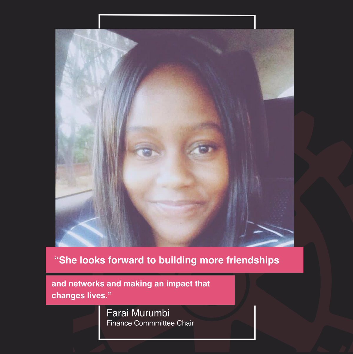 BrookeRotaract's tweet photo. Meet Farai Murumbi RCBB’s 21/22
Finance Committee Chair

She loves RCCB because it gives her an opportunity to serve, grow and learn in so many areas. 

She looks forward to building more friendships and networks and making an impact that changes lives. https://t.co/LC2tidCDtk