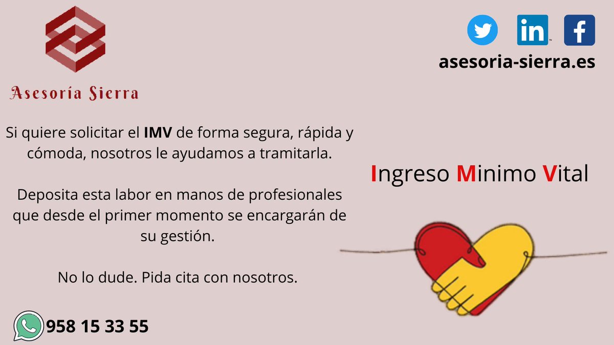 Si quiere solicitar el IMV de forma segura, rápida y cómoda, nosotros le ayudamos a tramitarla.
#IngresoMínimoVital  #Ayudas #España #Ecomomia
#Asesoria