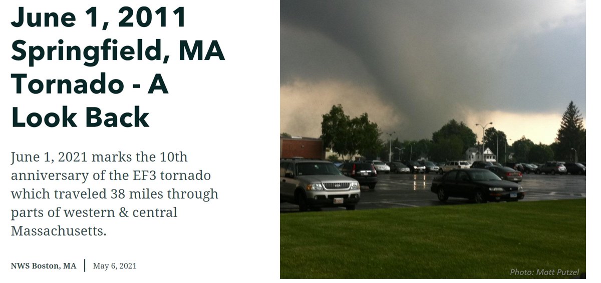 NWSBoston's tweet photo. A week from today, June 1, 2021, marks the 10th anniversary of the devastating EF3 tornado which traveled 38 miles through parts of western &amp; central MA. In this Story Map we go through the events of the day &amp; the meteorology behind this devastating storm. https://t.co/gzyS3EKsKh https://t.co/WKVkLBs4e7