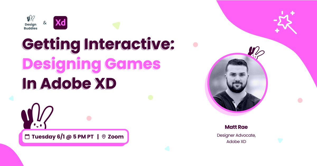 Happy Tuesday, Buddies! 👋  We are excited to bring you a workshop next week - Getting interactive: Designing Games in Adobe XD (Tue 6/1, 5 pm PT) with Matt Rae (@mrae19), Design Advocate at <a href="/AdobeXD/">Adobe XD</a>! 

🎉 RSVP: lu.ma/design-games
