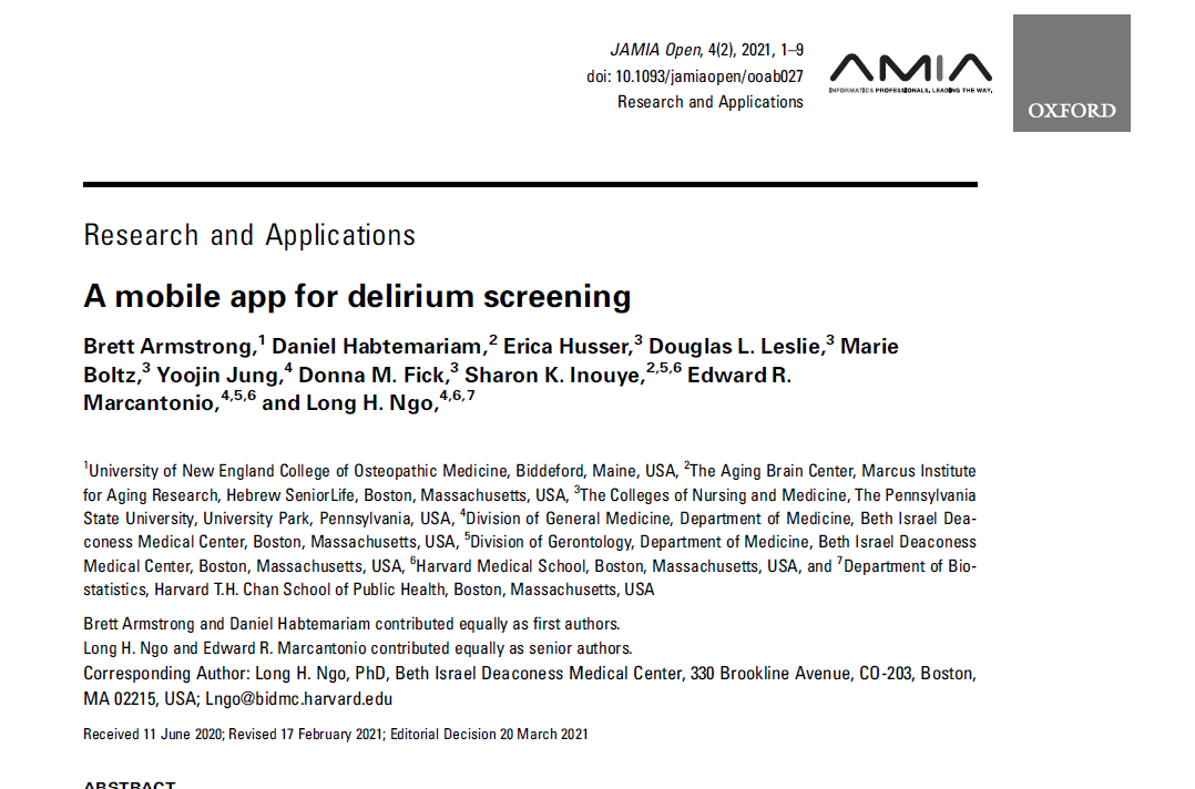 A new paper hot off the press on our UB-CAM delirium screening iPhone App! An efficient app for bedside screening led by B. Armstrong & Dr. L Ngo tested in an NIH study, over 900 assess academic.oup.com/jamiaopen/adva… In App store soon! @iDelirium_Aware @NIDUS_Delirium @MarcantonioEd