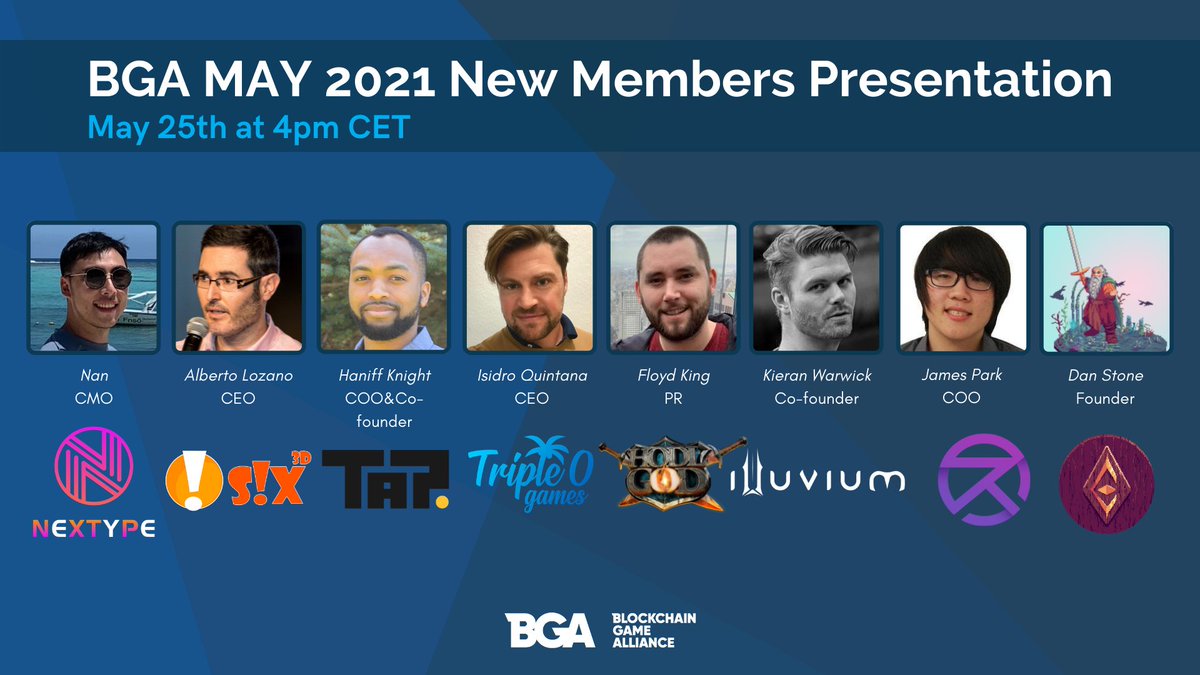 BGameAlliance's tweet photo. If you missed today's New Members' Presentation, you can watch it here!

Get to know the BGA's new members: @NEXTYPE1, @Tap_Coin, @tripleogames, @OnessusBlock, @illuviumio, @RevolveGamesio, and @six_3d. 

🖥https://t.co/ndWEI090dR 
🕹https://t.co/hzqYEY6ZpU https://t.co/ltNvMaeEYo