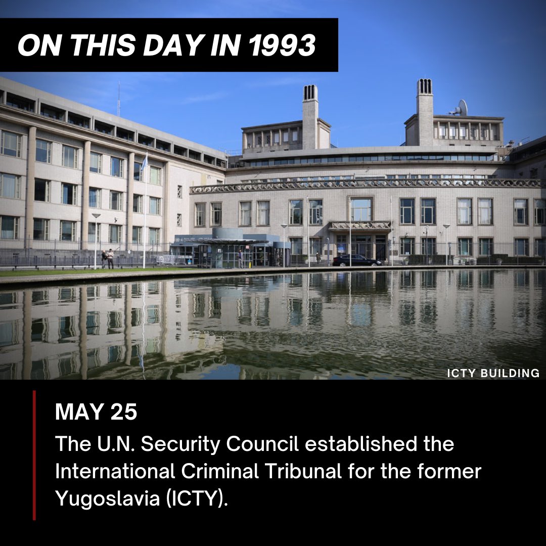genocide_watch's tweet photo. On May 25th, 1993, the UN Security Council established the #ICTY, the UN's first war crimes tribunal. During its mandate (1993-2017), it convicted 90 individuals, including high-ranking officials such as Radovan Karadžić and Ratko Mladic.
#GenocideHistory #Accountability https://t.co/TJdh8VTHvD