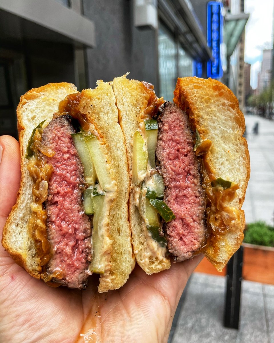 A peek inside the Blue Smoke Burger: 6oz Patty, Cheddar, Carmelized Onions, Smoke Sauce, and served with a side of Fries. 🍔