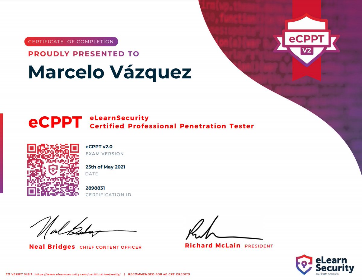 S4vitar's tweet image. Certificación eCPPTv2 aprobada, eso es que vieron el Tweet que escribí antes y se pusieron las pilas. ¡Pronto haré una review completa por el canal! #eCPPTv2