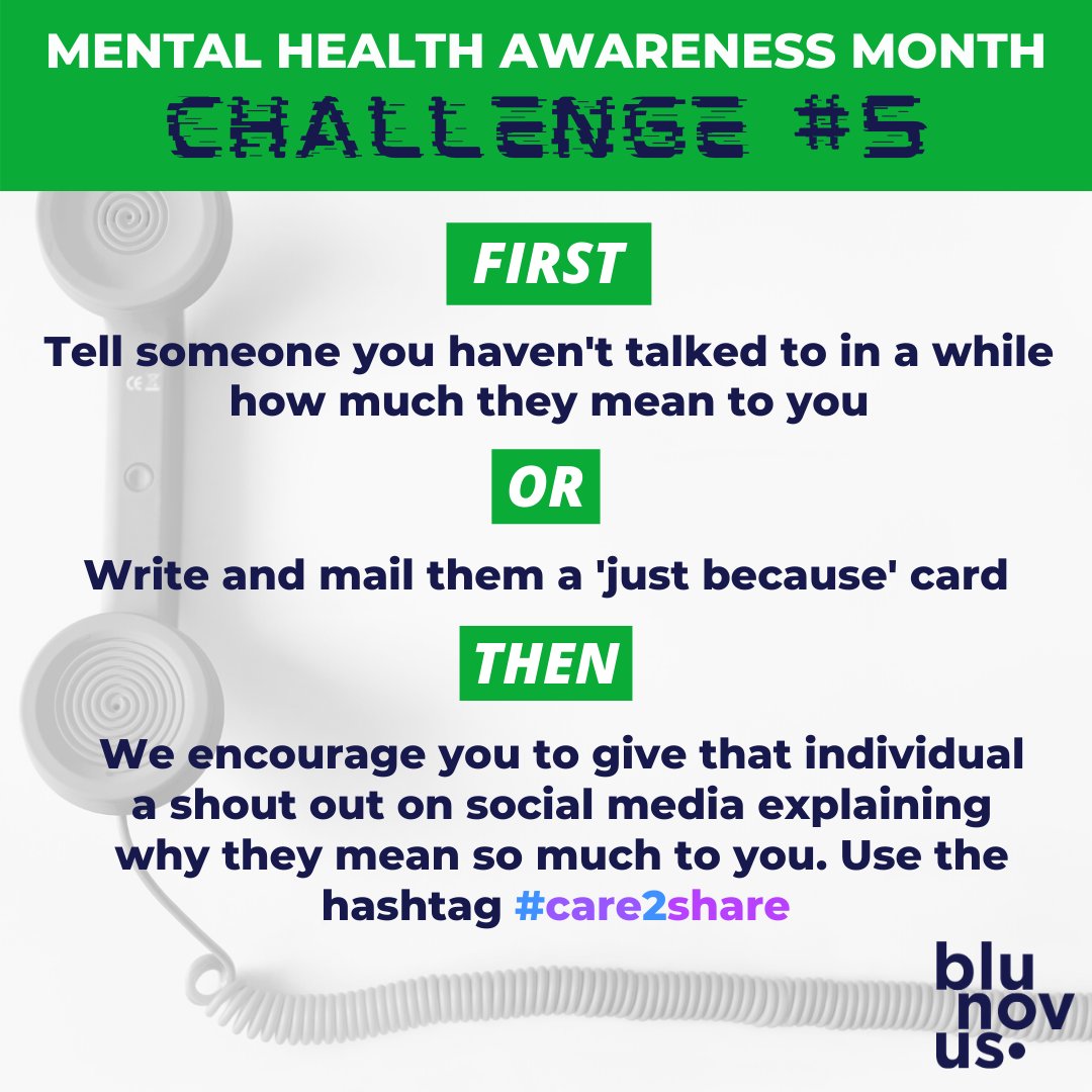 It's time for our final challenge of Mental Health Awareness Month! Been thinking about reaching out to someone you haven't heard from in a while? Give them a call, send them a text, mail them a letter, or if possible, go visit them! Shout them out if you #care2share!