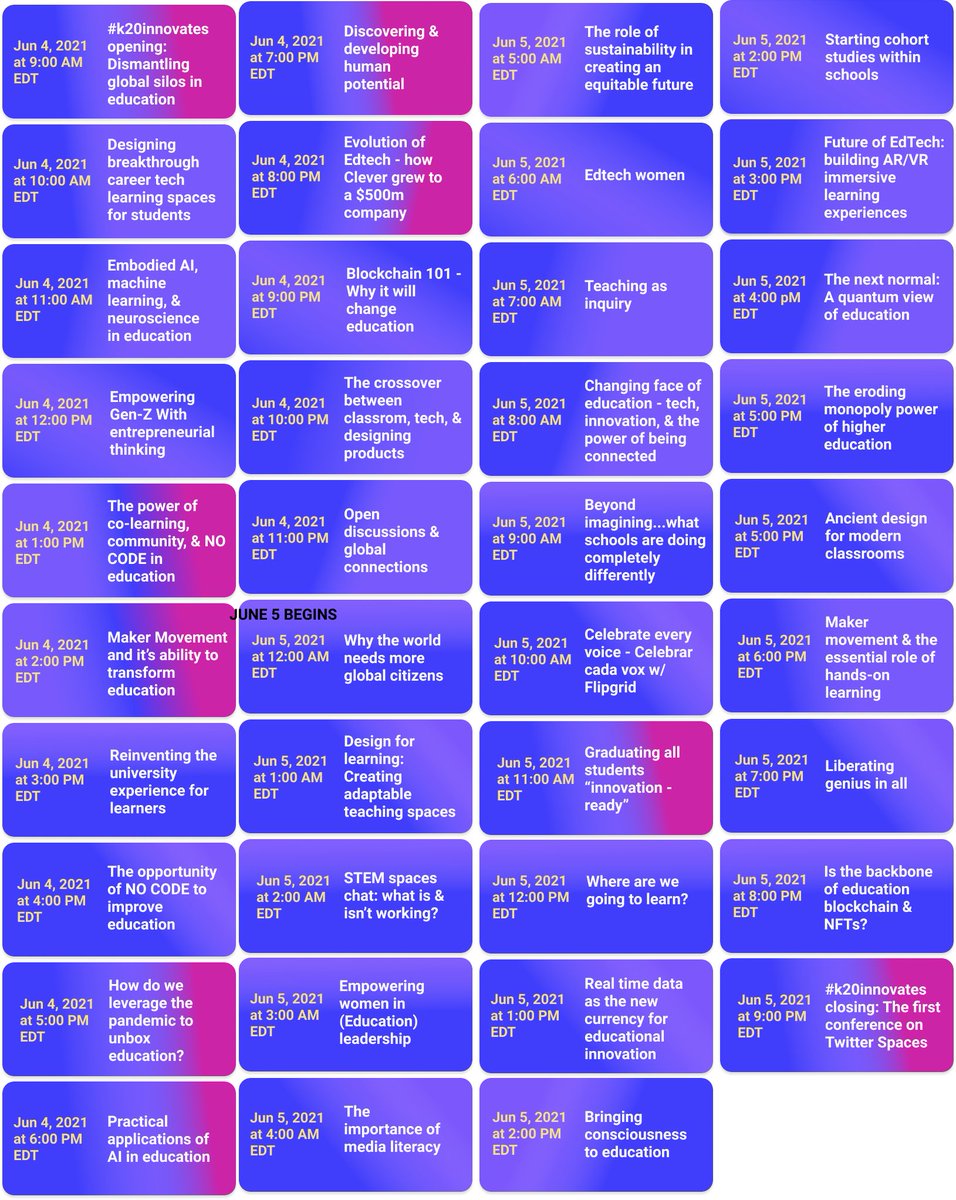 36 hrs straight... crazy that 2.5 wks ago, it started with an email invitation. Now, we have a 36 hr schedule with more participants than we have slots for. This is the power of community. 🙏#k20innovates
📢The schedule is live! Headliners in pink ❤️
k20educators.com/k20innovates