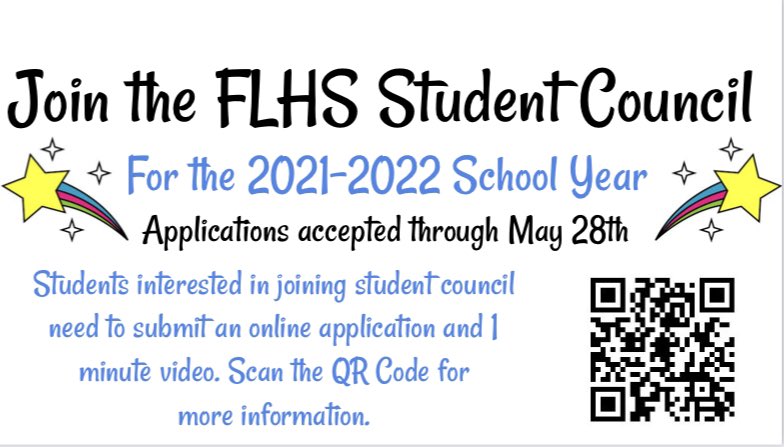 FLStudCo's tweet photo. Applications for the 21-22 school year are due FRIDAY, May 28th. Check your school email or scan a QR code on a poster around school. https://t.co/eGNK5Bx7ch