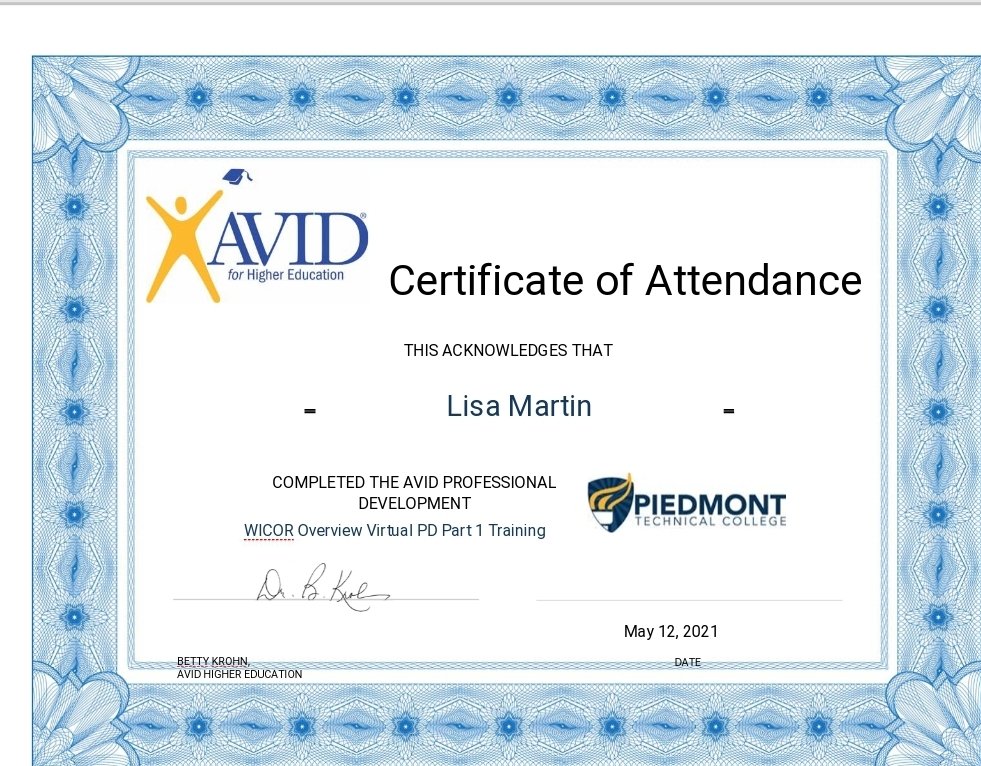 DevEdSC's tweet image. Completed first of hopefully many AVID trainings @piedmont_tech.
#IDEASdiv
#AVID