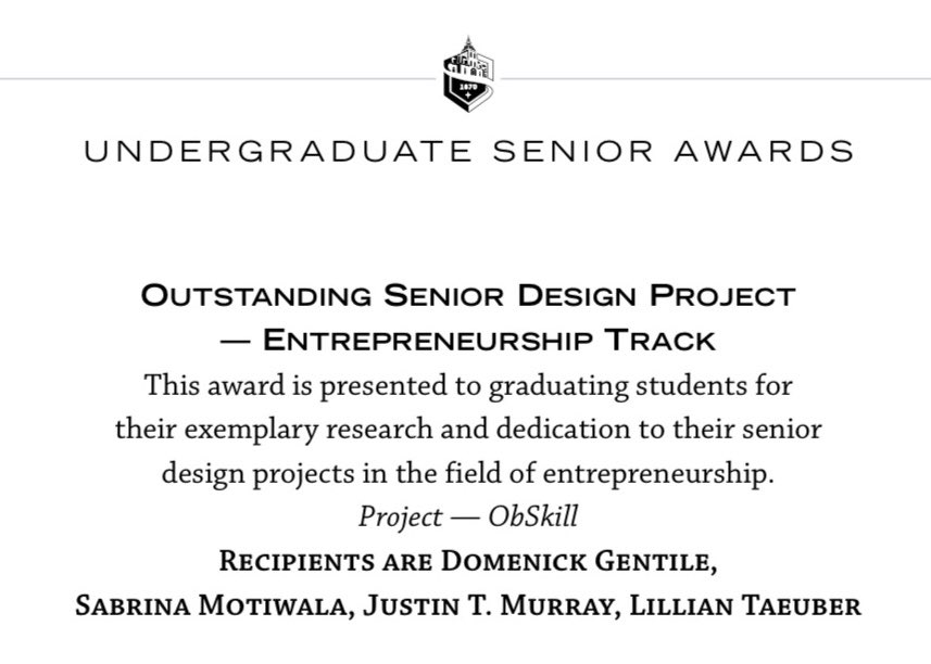 ObSkill has officially come in First Place in the entrepreneurship category at the Stevens Innovation Expo. But the grind doesn’t stop here, stay tuned for updates as big changes are on the way!