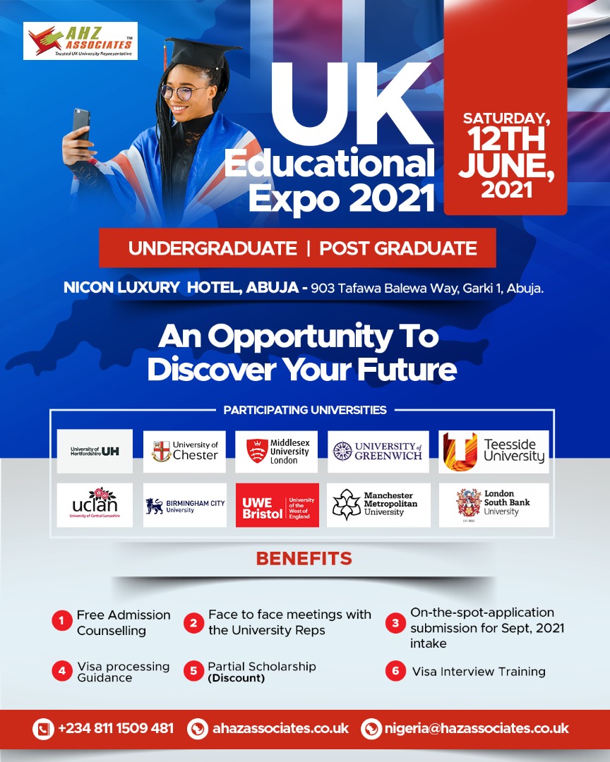 ahzassociatesng's tweet photo. Planning to #study in the #UK?
Looking for proper guides about your #career, course, fees &amp; UK #university #admissions processing? 

ATTEND THE UK UNIVERSITIES EXPO 2021
By @ahzassociates Nigeria.

Lagos | 10th June 2021
Abuja | 12th June 2021

To Register
https://t.co/ZfLwXr2vH7 https://t.co/UoGY8ZIj4n