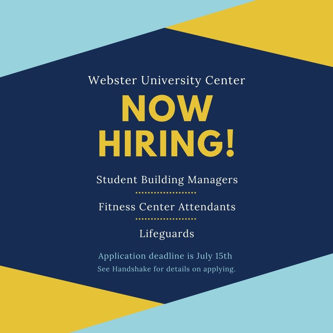 WebsterUC's tweet photo. Looking for a job? You're in luck! The University Center is hiring and we want you! Go to Handshake for details on applying.  
#websteruniversity #websteruc #hiring https://t.co/WH20Q0DKWz