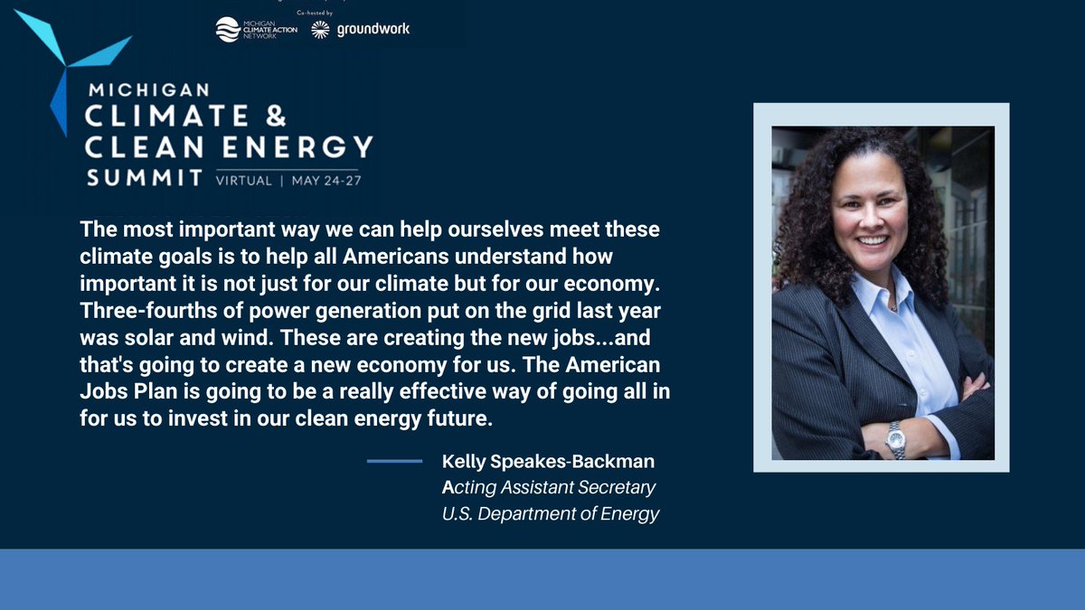 MiClimateAction's tweet photo. When asked what the #1 thing Summit attendees (and all of us) can do to take action, Kelly Speakes-Backman of the Dept. of @ENERGY stressed that helping Americans connect the dots between clean energy and jobs is key.
#MCCES https://t.co/PMSfF2yQDJ