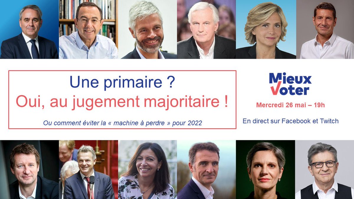Mieux Voter (@mieux_voter) on Twitter photo 📣Demain à 19h, en direct sur notre compte Facebook, YouTube et Twitch, un live sur le jugement majoritaire, les primaires à droite et à gauche et la présidentielle 2022 ! Avec <a href="/ChloeRidel/">Chloé Ridel</a> et @NathanBZ11. 📣Demain à 19h, en direct sur notre compte Facebook, YouTube et Twitch, un live sur le jugement majoritaire, les primaires à droite et à gauche et la présidentielle 2022 ! Avec <a href="/ChloeRidel/">Chloé Ridel</a> et @NathanBZ11.