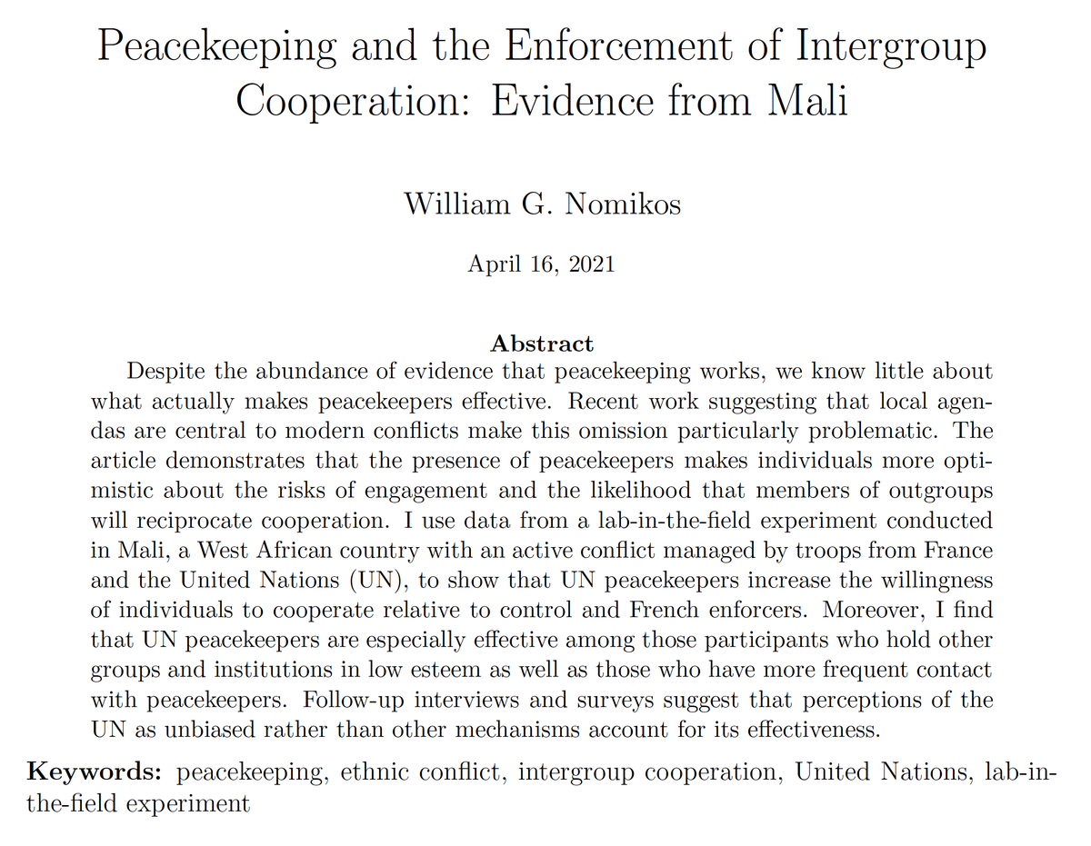 📢 My paper on UN PKOs accepted <a href="/The_JOP/">Journal of Politics @jop@sciences.social</a>! 

osf.io/preprints/soca…

I draw on my Mali <a href="/UN_MINUSMA/">MINUSMA</a> research to show that peacekeepers increase willingness to cooperate across ethnic lines. Follow-up interviews suggest that perceptions of the UN as *unbiased* account for this.🧵