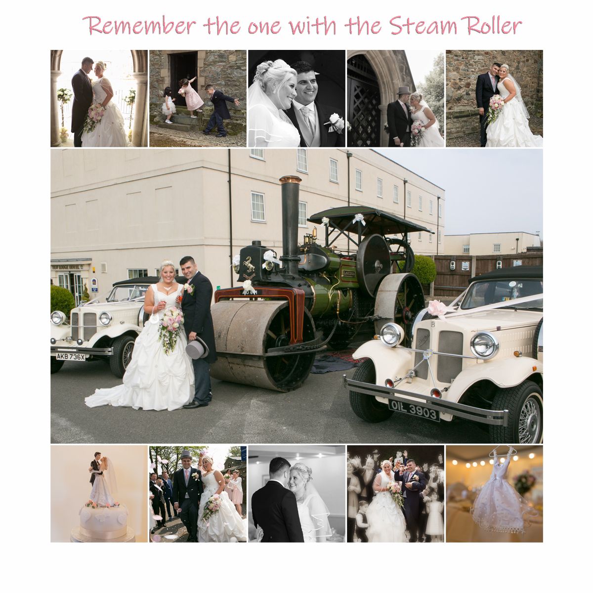 At the planning stage of the wedding...when I asked what vehicles are you arriving in...and they said well, there is a Steam Roller,  I nearly fell off my chair!  
One thing is photographing it, then its lining it up with the other bridal party cars.