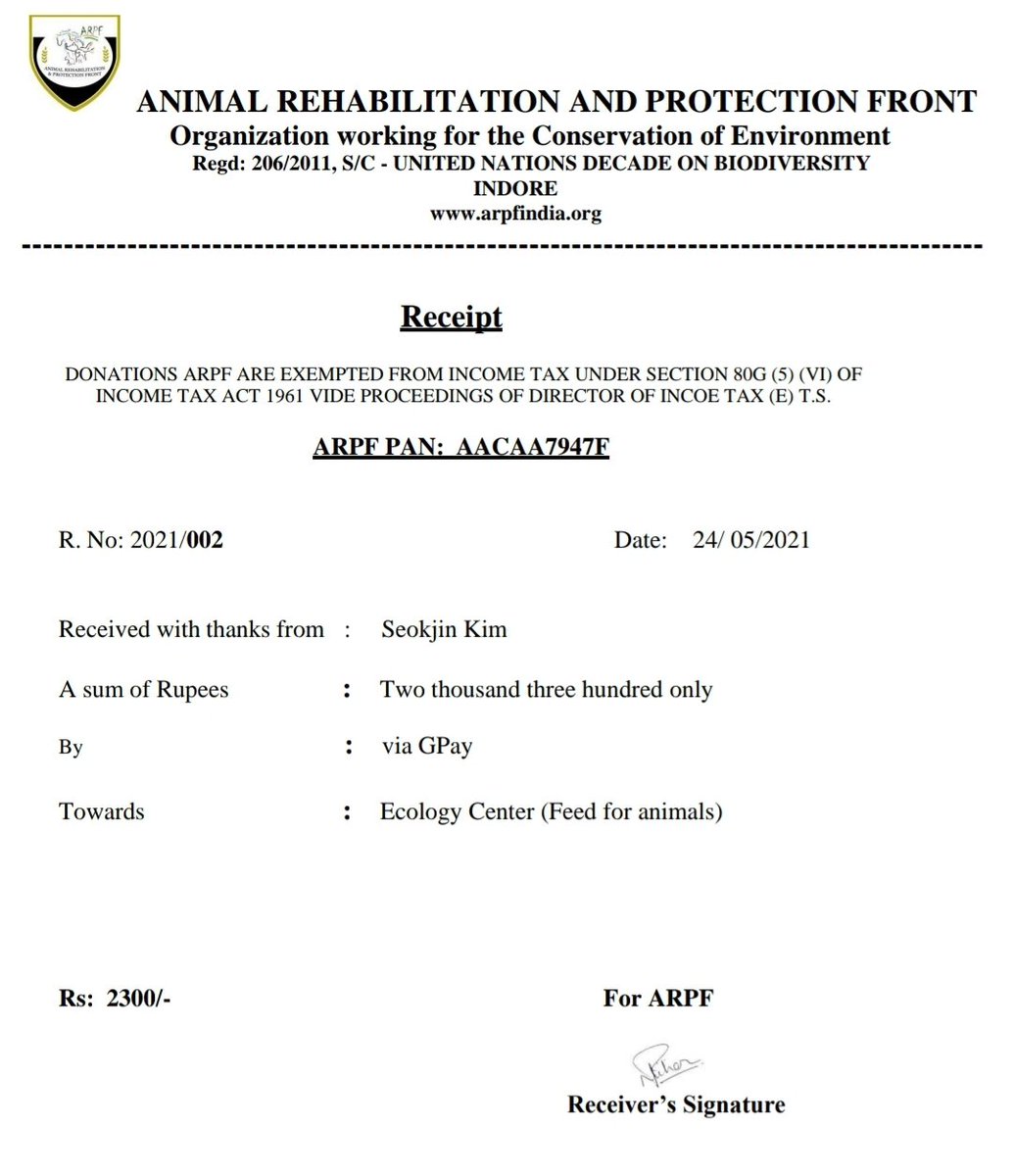 seokjin_india_'s tweet photo. On the occasion of "Tonight by Jin"  2nd anniversary we have donated an amount of Rs. 2300 to 
🌿 Animal Rehabilitation &amp; Protection Fund (ARPF, India) 🐆

💚 This donation will be used for welfare of rescued animals at ARPF ecology center 
#BTSJIN #JIN #TonightByJin #ARPF #진 https://t.co/KpX95DQU5E