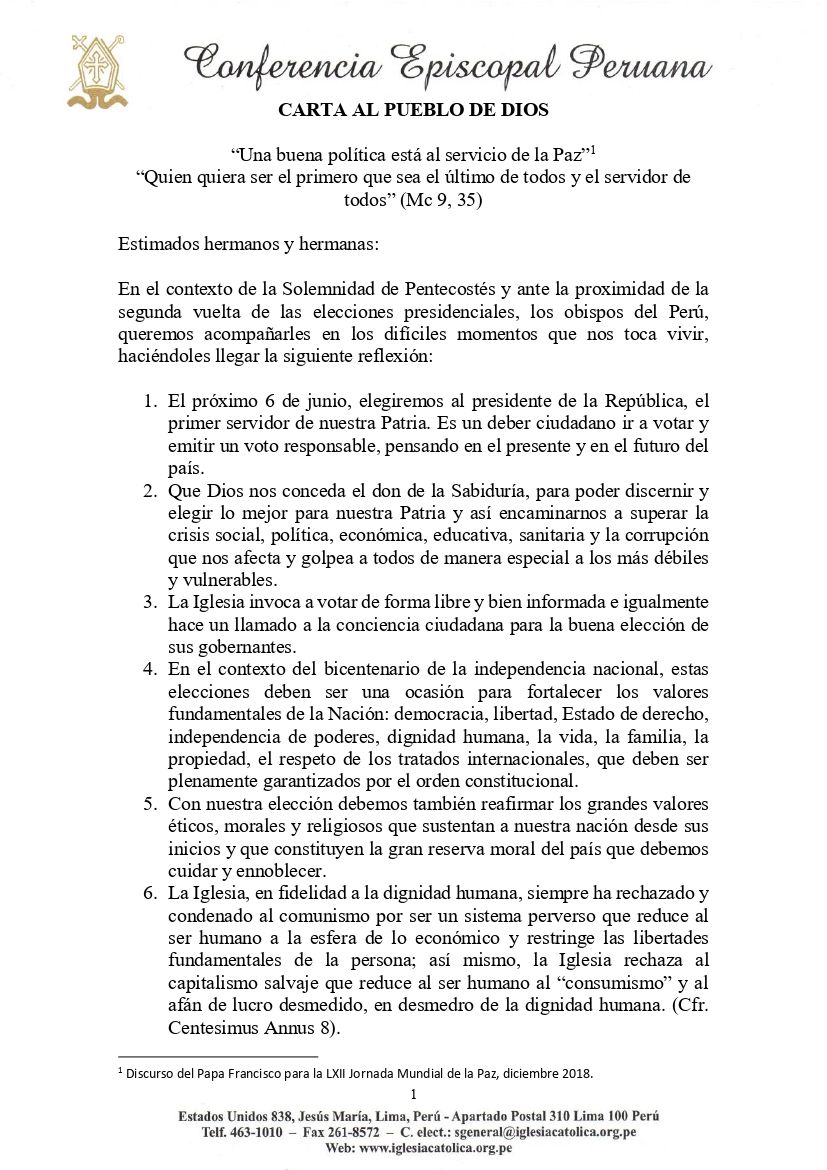 conf_episcopal's tweet photo. #LOÚLTIMO
📌En la Solemnidad de Pentecostés y de cara a la segunda vuelta de las elecciones presidenciales, que se llevará a cabo el próximo 6 de junio, los Obispos del Perú publicaron una “Carta al Pueblo de Dios”.🙏 https://t.co/22eQP7B3x3