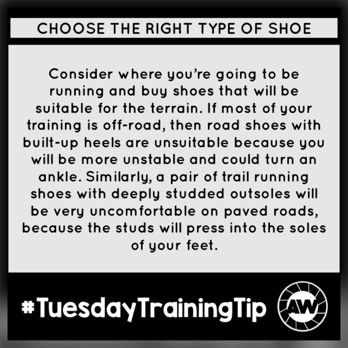 AWRunFitness's tweet photo. #TuesdayTrainingTips - CHOOSE THE RIGHT TYPE OF SHOE
Consider where you’re going to be running and buy shoes that will be suitable for the terrain.
@UKRunChat #UKRunChat @RaceCheck #RaceCheck #VisorClub @Absolute360 @sportsbarista @truesapien #TeamAW https://t.co/k2Slomxgxf