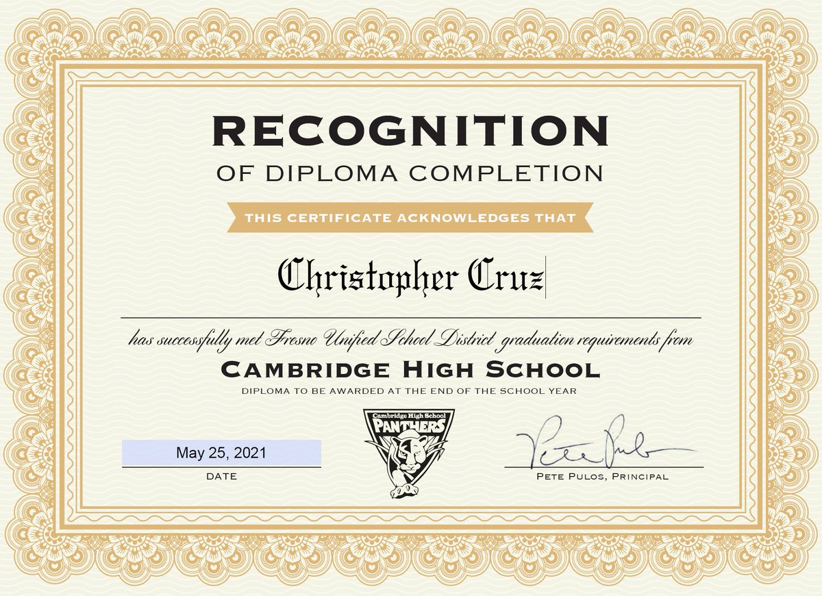 Cambridge High School is proud to announce Christopher Cruz as our newest graduate. Way to go Christopher!!! Who's next?? Go Panthers!!! <a href="/fresnounified/">Fresno Unified</a> <a href="/EdgenuityInc/">Edgenuity (now Imagine Learning)</a> <a href="/CCEAeducation/">CCEA Plus</a> <a href="/MommaLoew/">Leslie Loewen</a> <a href="/center_erc/">Educational Resource Center (ERC)</a>