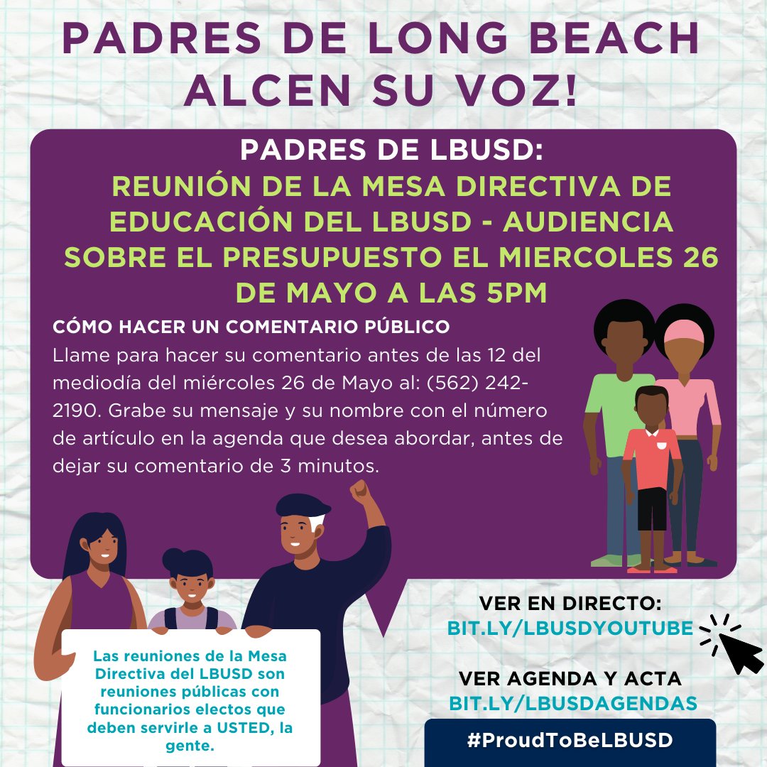 Is your student in an English Language Learner program? How can LBUSD help support English learners?

How to Read the LCAP – English Learners Example (14 min): ow.ly/3Ds550EUh0k

Attend the 5/26 @ 5pm LBUSD Board of Education Meeting- Budget Hearing  focus on LCAP.