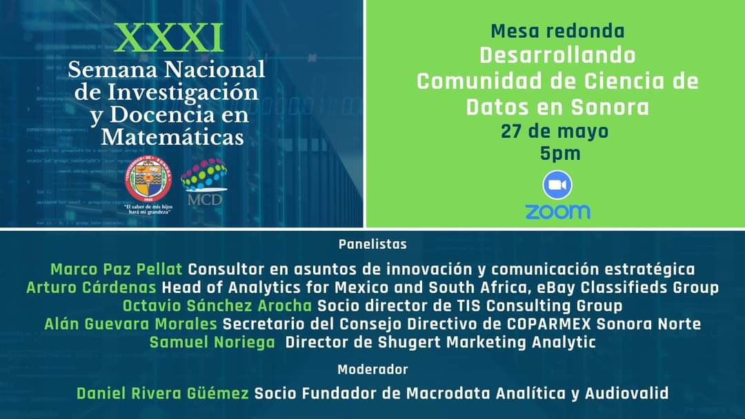 Macrodatamx's tweet photo. Los invitamos este jueves a la mesa redonda "Desarrollando comunidad de ciencia de datos en Sonora" en donde nuestro director @DaniboyR estará moderando. 
@McdUnison @MatUnison @marcopazpellat @arturocm @TavoSanchezA @AlanguevaraM @shugert https://t.co/bGXLntb2eT