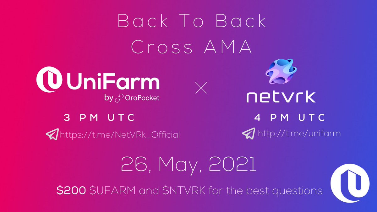 Back to back AMA with <a href="/NetVRk1/">netvrk1</a> 

🗓 26 May

▪️#UniFarm coming to <a href="/NetVRk1/">netvrk1</a> Community

⏰3 PM UTC

📌 t.me/NetVRk_Official

▪️<a href="/NetVRk1/">netvrk1</a> coming to #UniFarm Community

⏰4 PM UTC

📌 t.me/unifarm

Reward pool of $200 ( $UFARM + $NTVRK ) 🏆