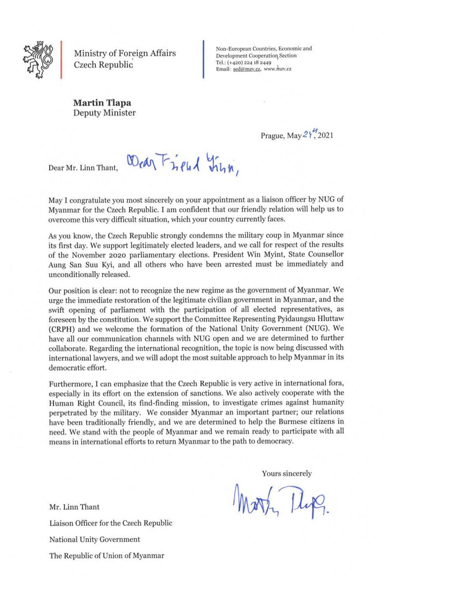 thinzashunleiyi's tweet photo. Breaking Good News ✊

@NUGMyanmar has just appointed the first liaison officer to Czech Republic &amp; Deputy Minister of Czech recognized the appointment with this ⤵️letter . 

There must be more appointments to more countries #WhatshappeninginMyanmar #May25Coup https://t.co/eW46T7PQux