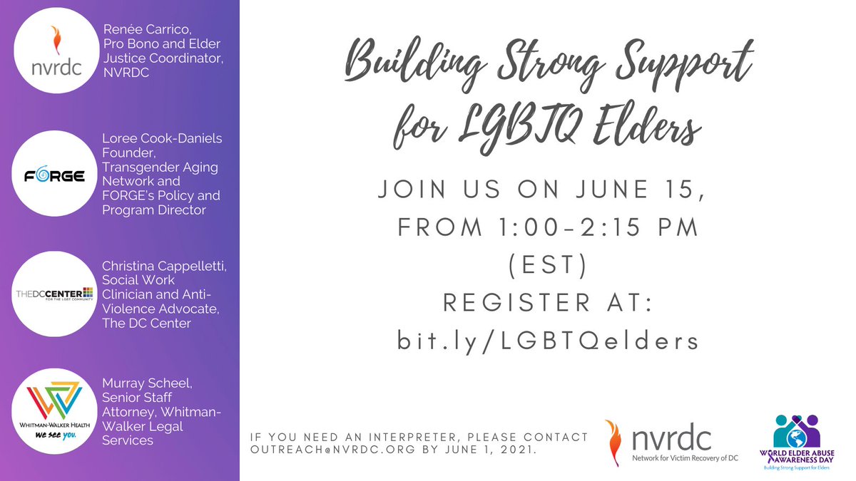 NVRDC's tweet photo. Join @NVRDC & @FORGEforward @TheDCCenter @whitmanwalker for a panel discussion on supporting #LGBTQ Elders on June 15 @ 1pm EDT, which is World Elder Abuse Awareness Day (#WEAAD21). #DCTROV
Register here: https://t.co/BqGO2jVVoB
#elderjustice #WEAAM #eldeerabuse #WEAAD https://t.co/InTqis5JwR