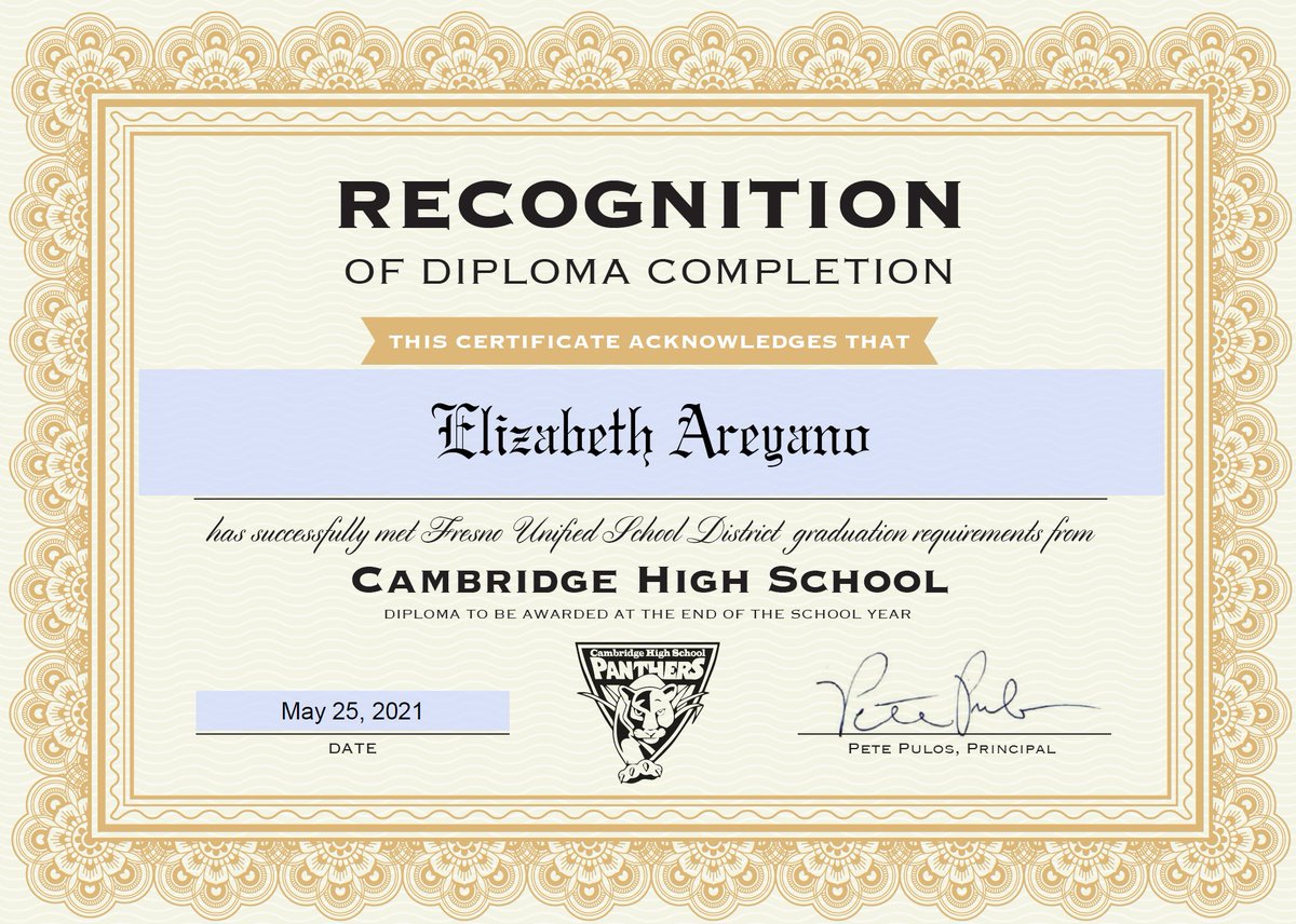 Cambridge High School is proud to announce Elizabeth Areyano as our newest graduate. Way to go Elizabeth!! Who's next?? Go Panthers!!! <a href="/fresnounified/">Fresno Unified</a> <a href="/center_erc/">Educational Resource Center (ERC)</a> <a href="/EdgenuityInc/">Edgenuity (now Imagine Learning)</a> <a href="/MommaLoew/">Leslie Loewen</a> <a href="/CCEAeducation/">CCEA Plus</a>