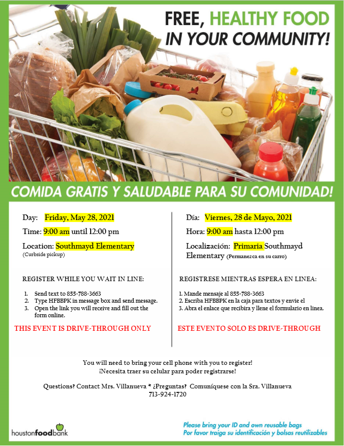 Community Food Drive at Southmayd Elementary. Friday, May 28th at 9am. 🥦🍞🍌

Comida gratis y saludable para su comunidad en la primaria Southmayd. Viernes 28 de mayo a las 9am.