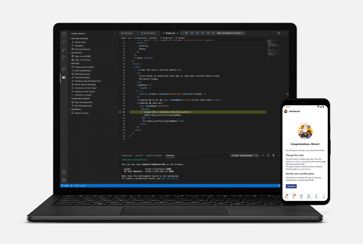 pierceboggan's tweet photo. Announcing the @MicrosoftTeams Toolkit v2

 ♥️ Use frameworks &amp; tools you love
🔄Rapid inner dev loop with hot reload &amp; full-stack debugging
🔒Simplified auth to one line of code
💯Integrated hosting, data storage, and compute from Azure and SPFx

Try it: https://t.co/PiLc7lrhcR https://t.co/Yc94P0DD4c
